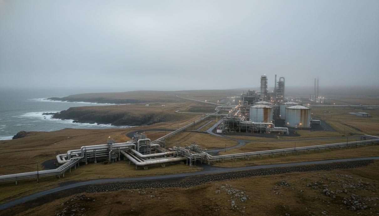 Промышленный комплекс газоперерабатывающего завода на скалистом побережье Шетландских островов