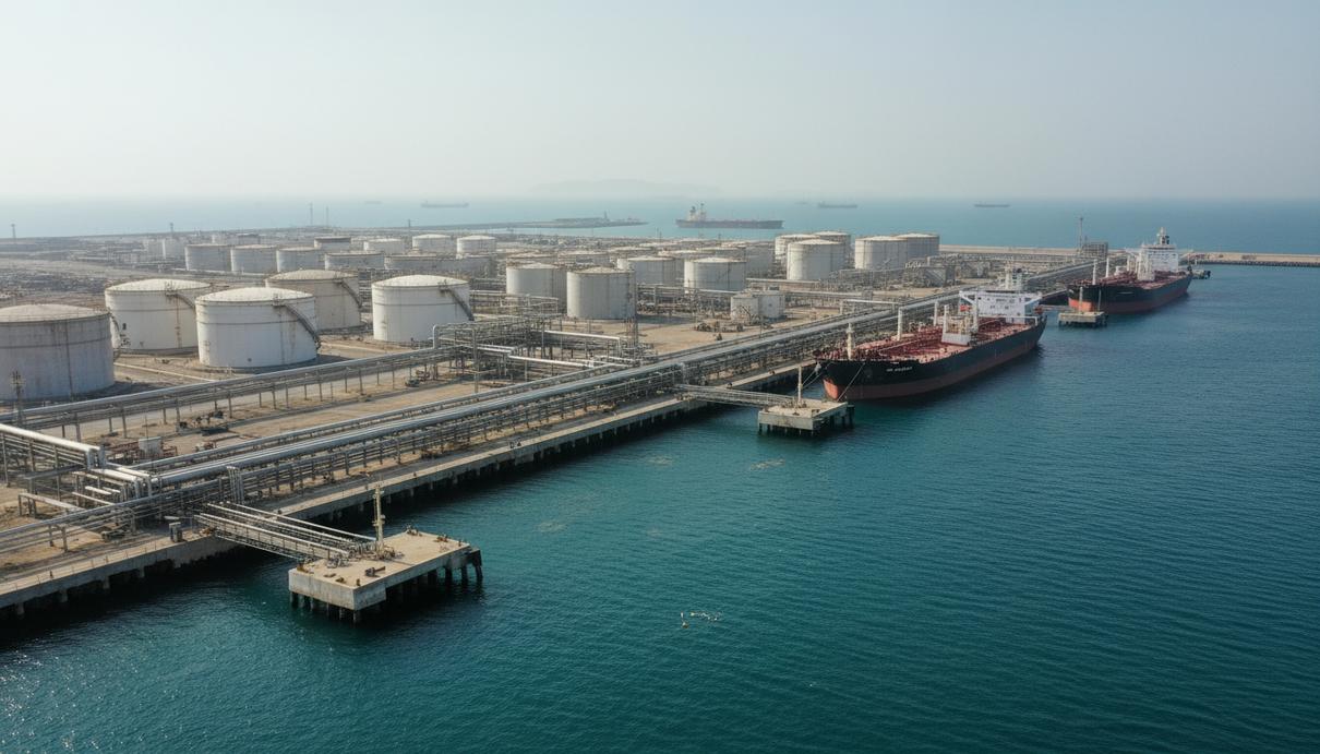 Нефтяной терминал на острове Харг в Персидском заливе с танкерами у причалов и резервуарами.