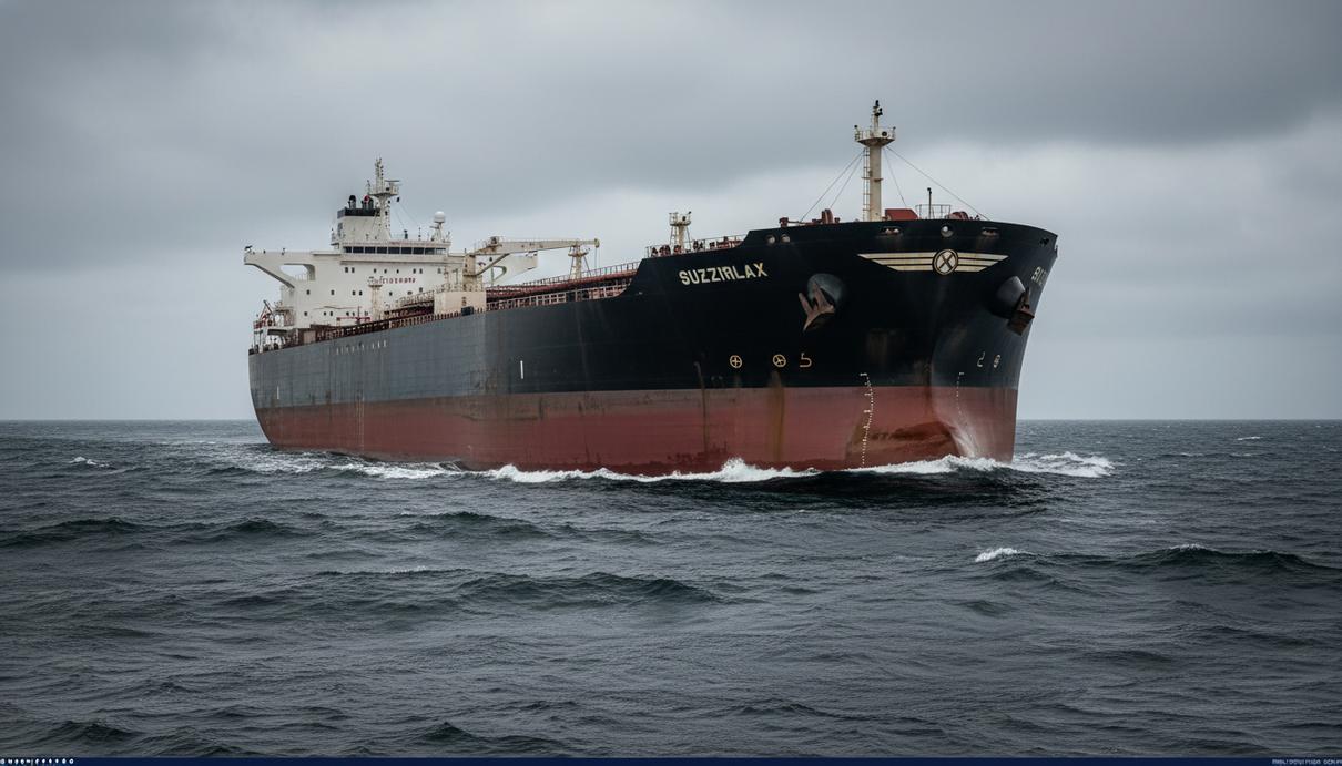 Нефтяной танкер в открытом море с повреждениями металлического корпуса у ватерлинии.