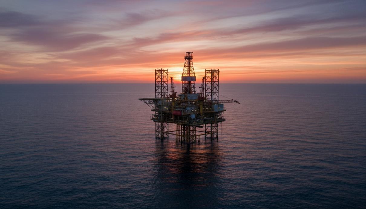 Глубоководная нефтяная платформа и судно технической поддержки в открытом море на фоне заката