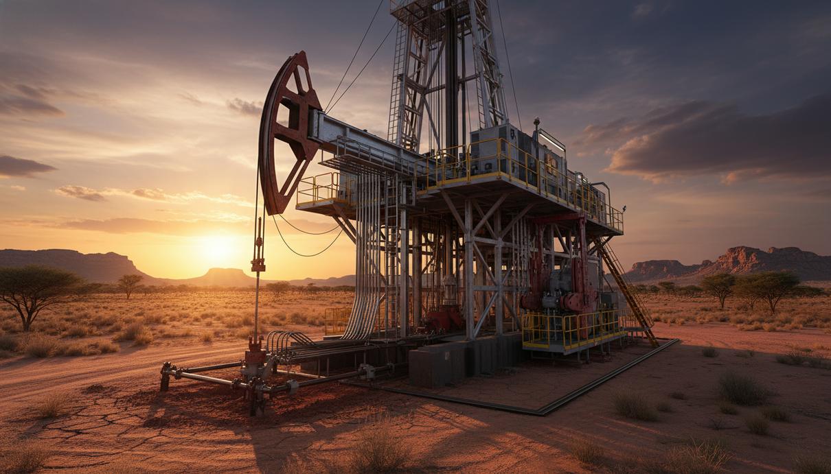 Промышленная буровая установка и сеть трубопроводов на фоне засушливой саванны в Намибии.