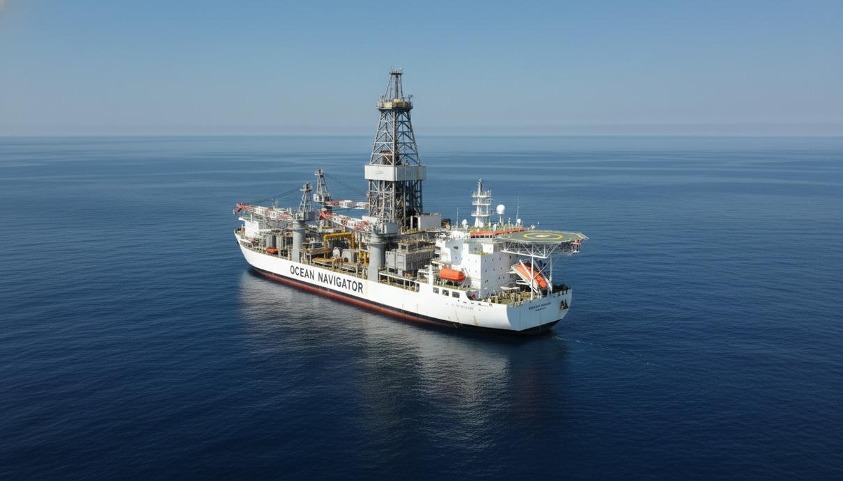 Крупное буровое судно с вышкой и промышленным оборудованием на палубе в открытом море.