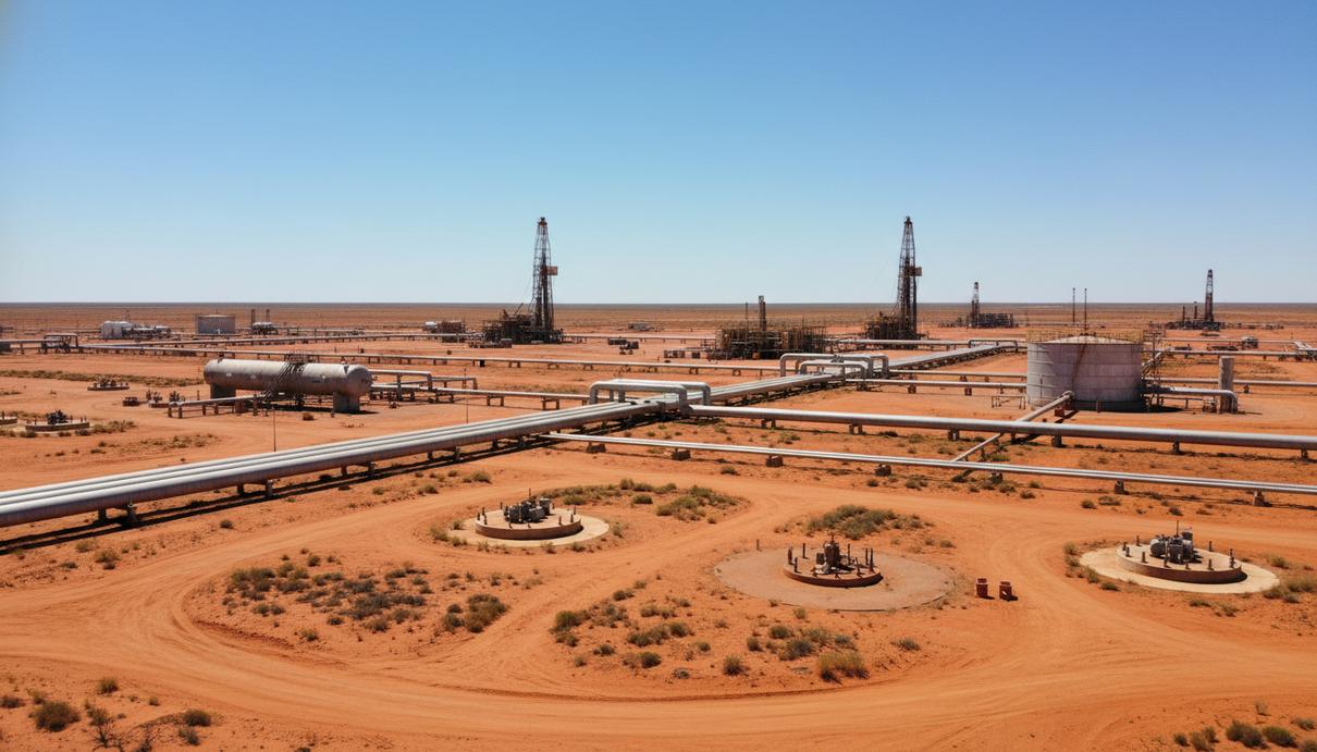 Газодобывающее оборудование и трубопроводы на фоне красной пустыни в австралийском бассейне Биталу