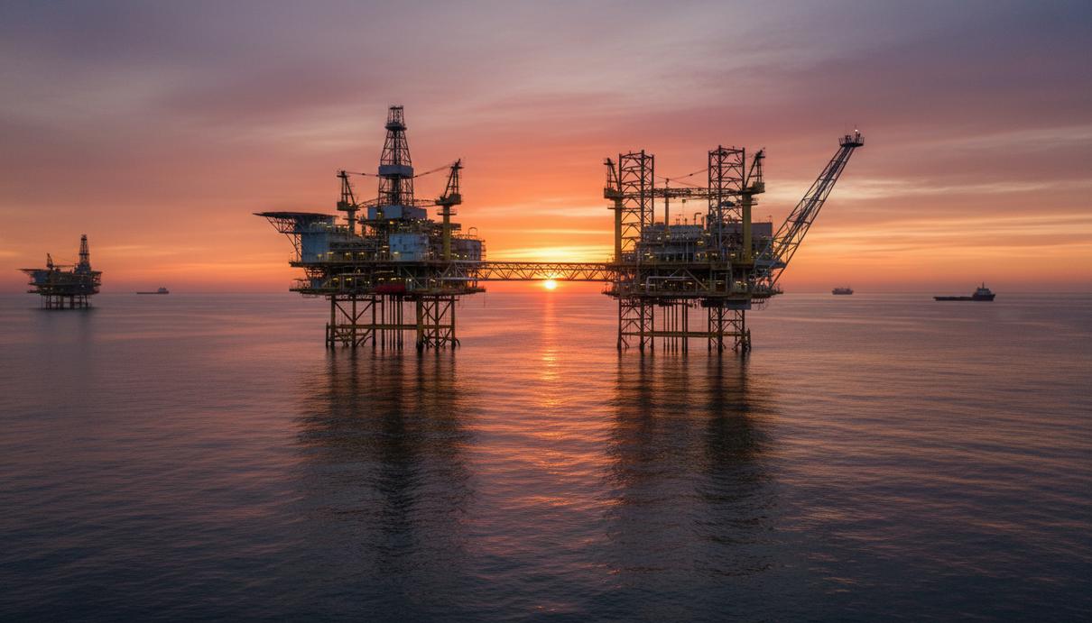 Морская нефтяная платформа в Атлантическом океане у берегов Анголы в лучах закатного солнца