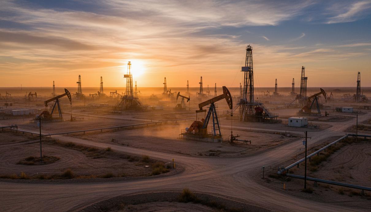 Нефтяные вышки и насосы-качалки на фоне горизонта в лучах заходящего солнца на месторождении в США