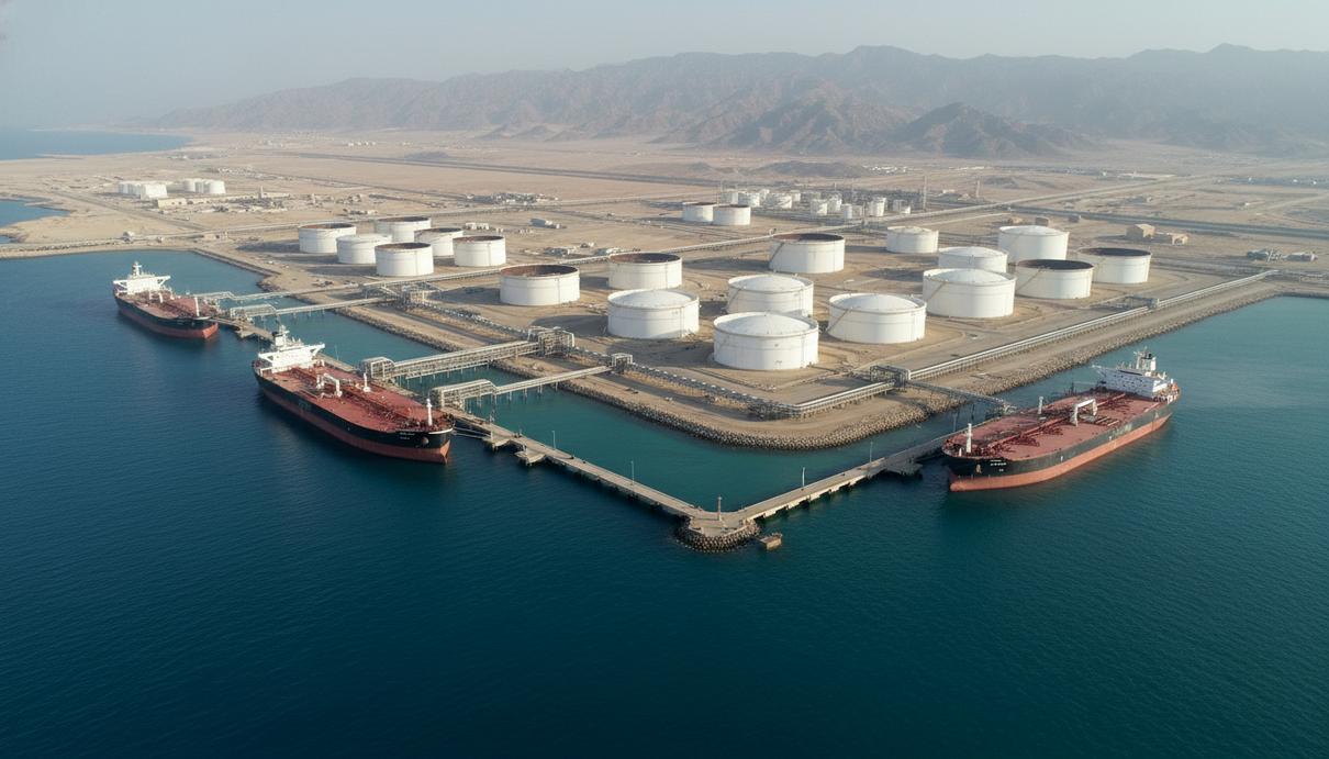 Нефтяные танкеры у причалов порта Фуджейра на фоне береговых резервуарных парков и горного пейзажа