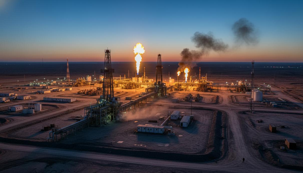 Промышленные объекты нефтедобычи в пустынном районе Вака Муэрта на территории Аргентины