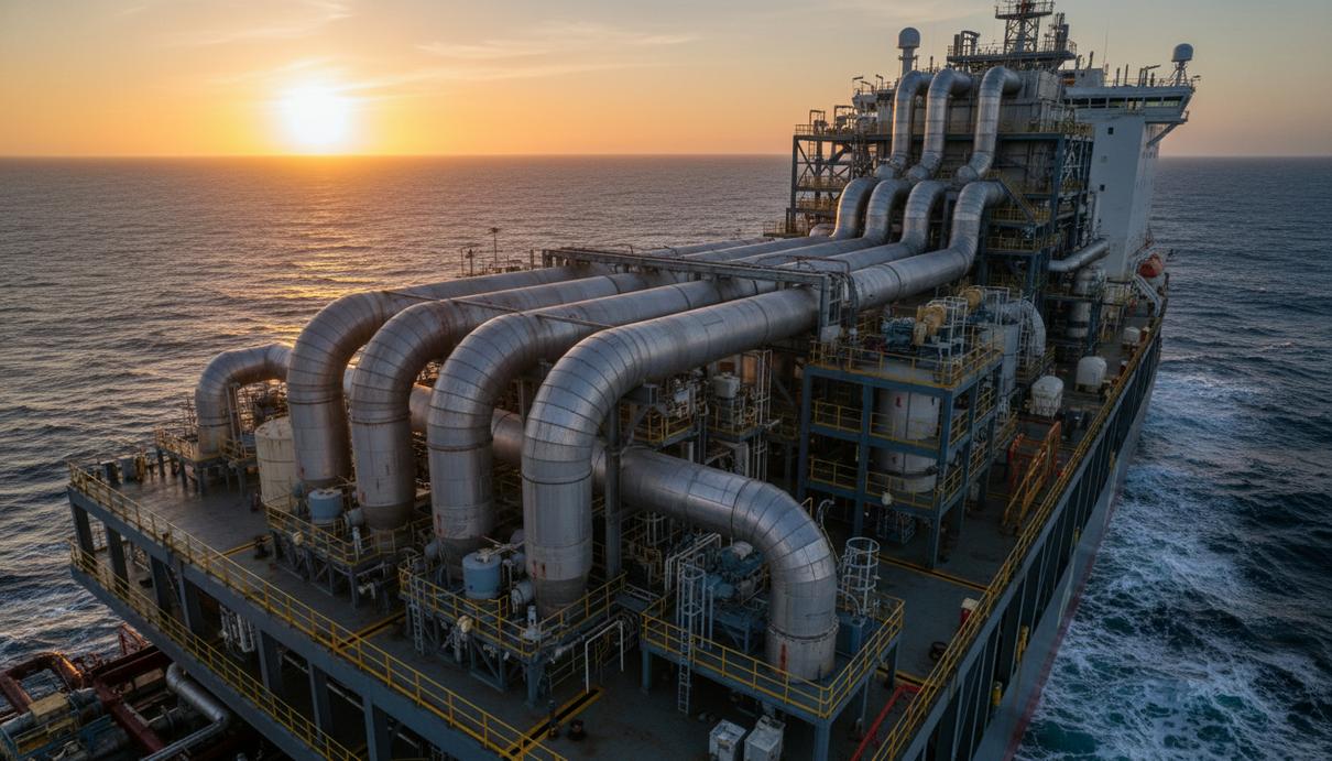 Промышленные металлические трубы и инженерное оборудование на палубе судна в море на закате