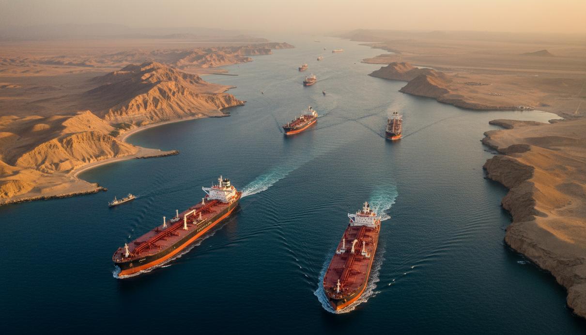 Вид сверху на нефтяные танкеры в узком морском проливе у гористого побережья.