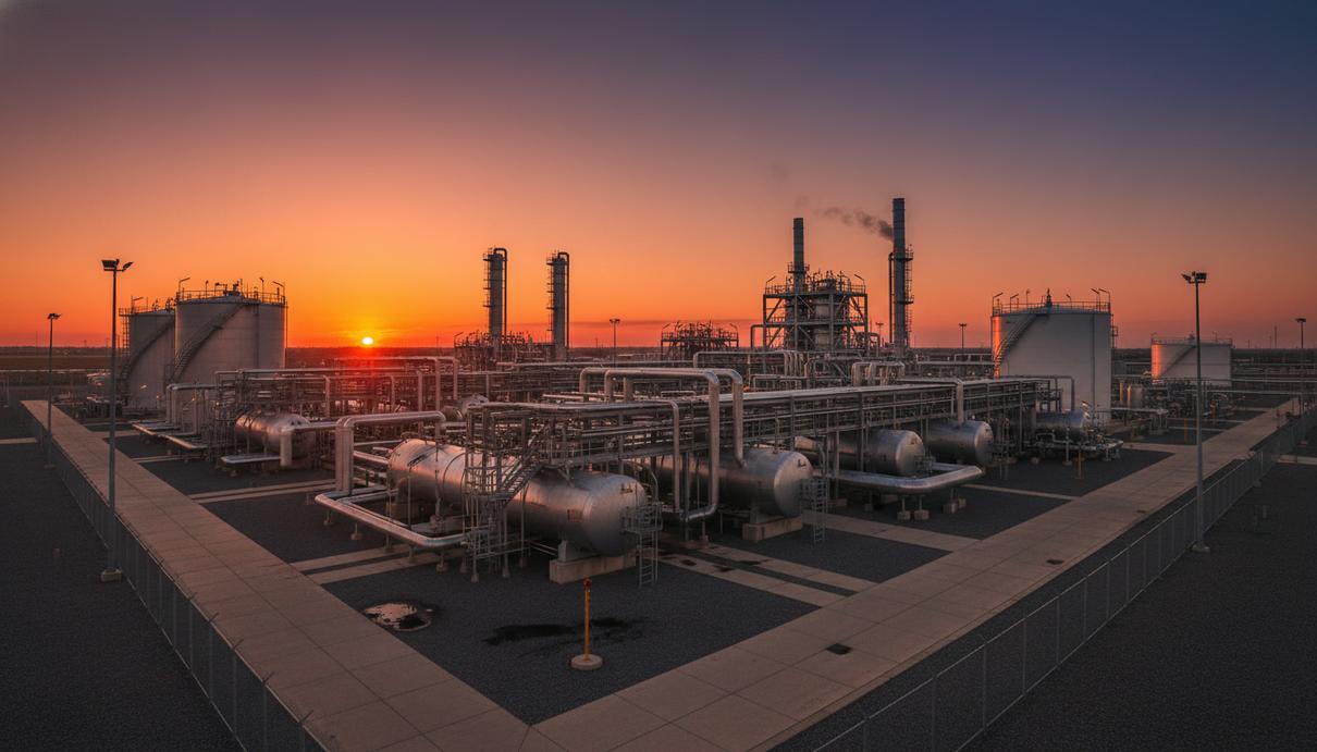 Промышленный объект по переработке природного газа со стальными трубами и резервуарами в лучах заката