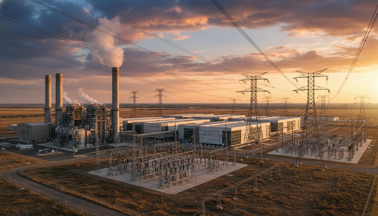 Газовая электростанция и современный центр обработки данных с линиями электропередачи на фоне заката