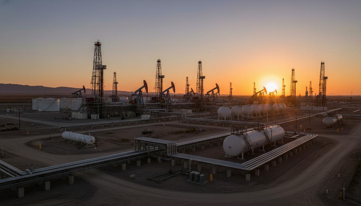 Современная буровая площадка и нефтепромысловое оборудование на равнине в лучах заходящего солнца.