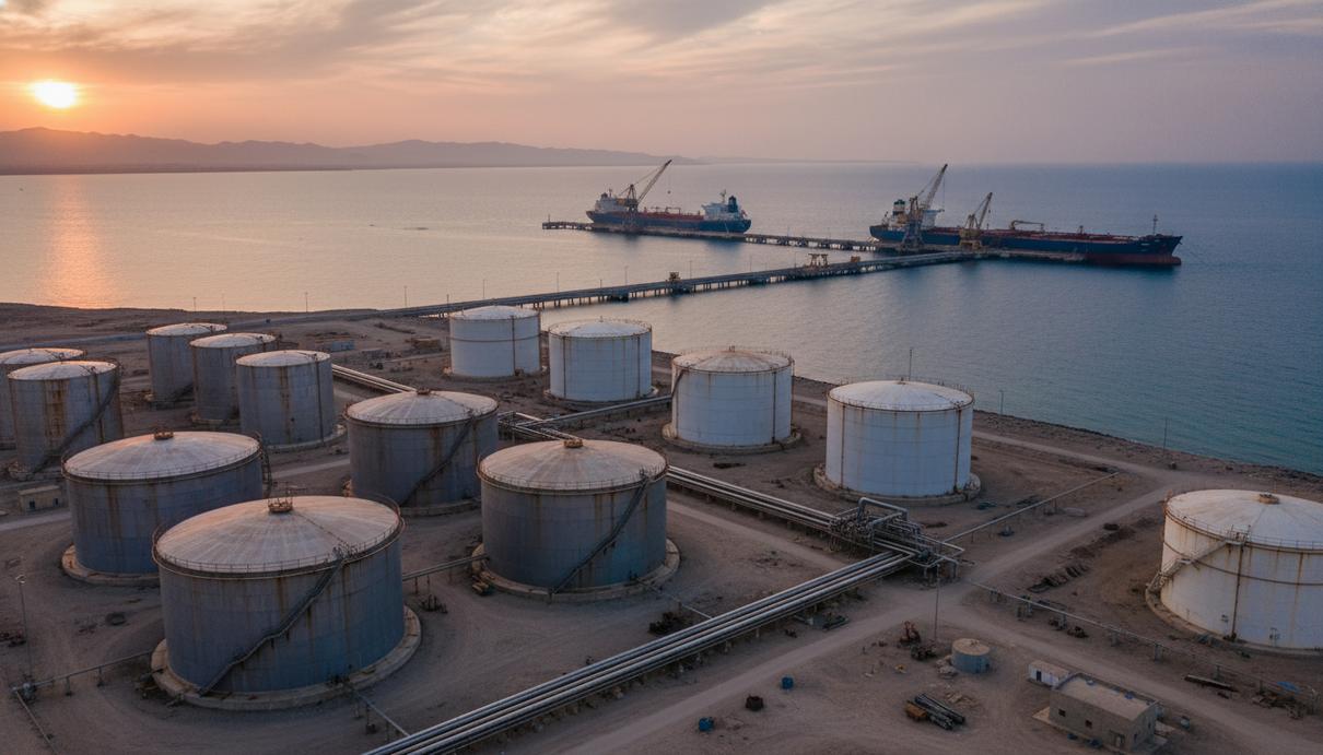 Промышленный нефтяной терминал на острове Харк в Персидском заливе с нефтяными танкерами у причала.