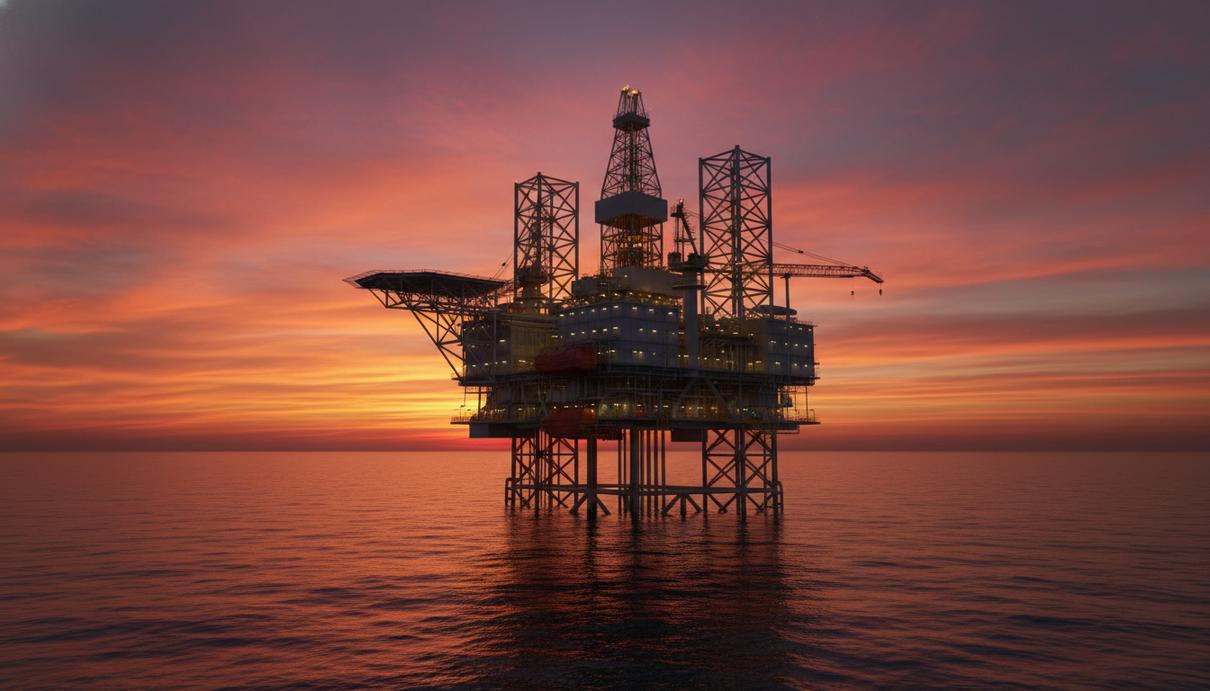 Современная нефтяная платформа в открытом море на фоне вечернего неба и заката