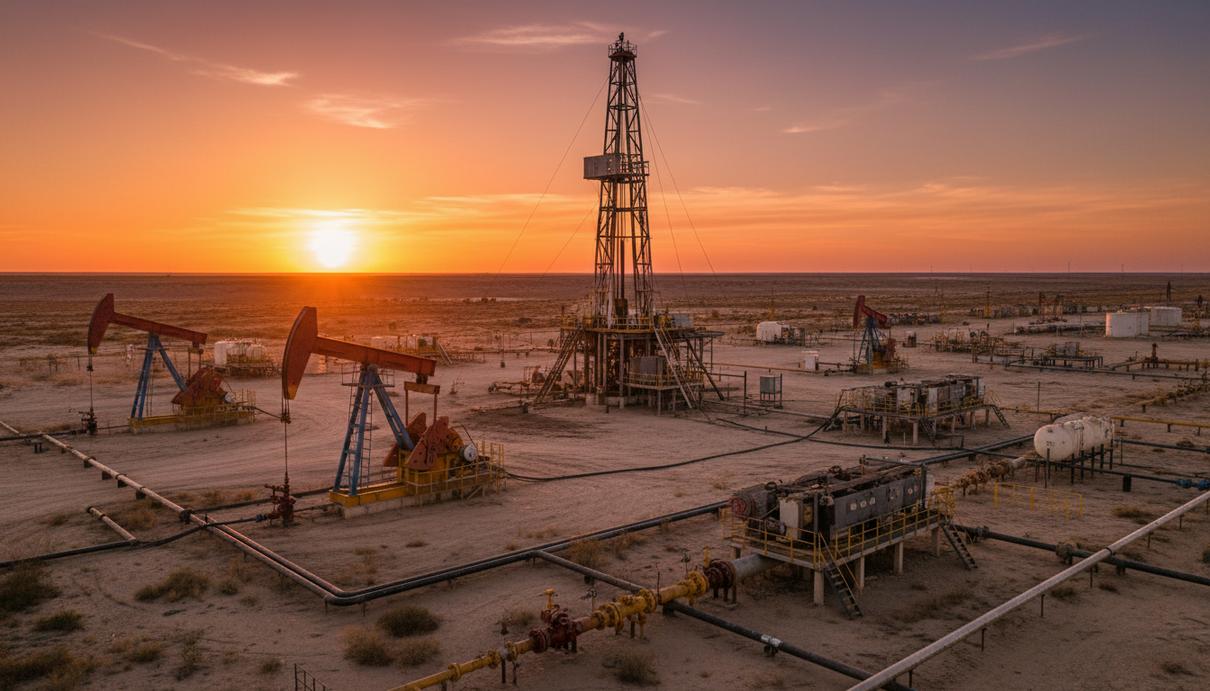 Буровая установка и промышленное оборудование на фоне засушливой равнины месторождения Вака-Муэрта.