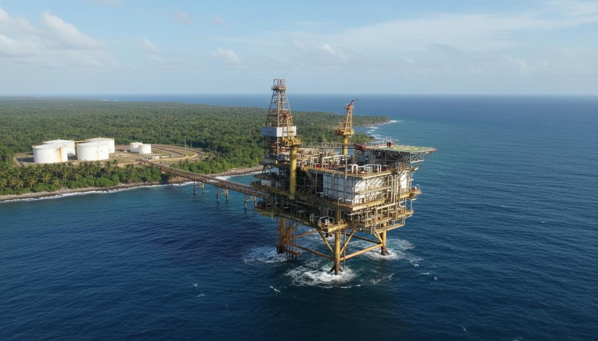 Нефтедобывающая платформа и береговой терминал в Габоне на фоне океана и тропического леса.