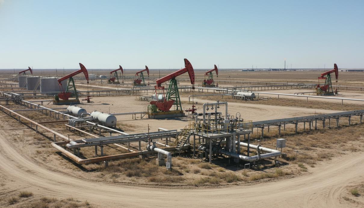 Ряды нефтяных качалок и переплетение стальных труб на фоне открытого ландшафта в Техасе.