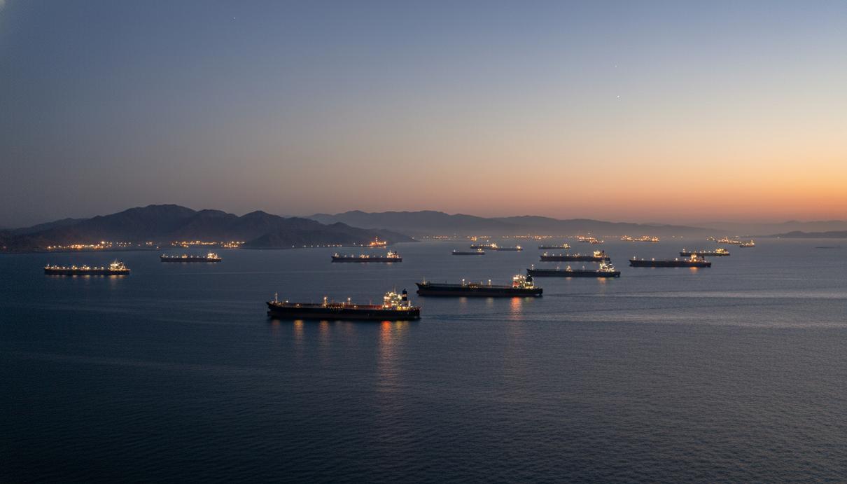 Нефтяные танкеры в Ормузском проливе на фоне очертаний прибрежных гор и огней буровых платформ в сумерках.