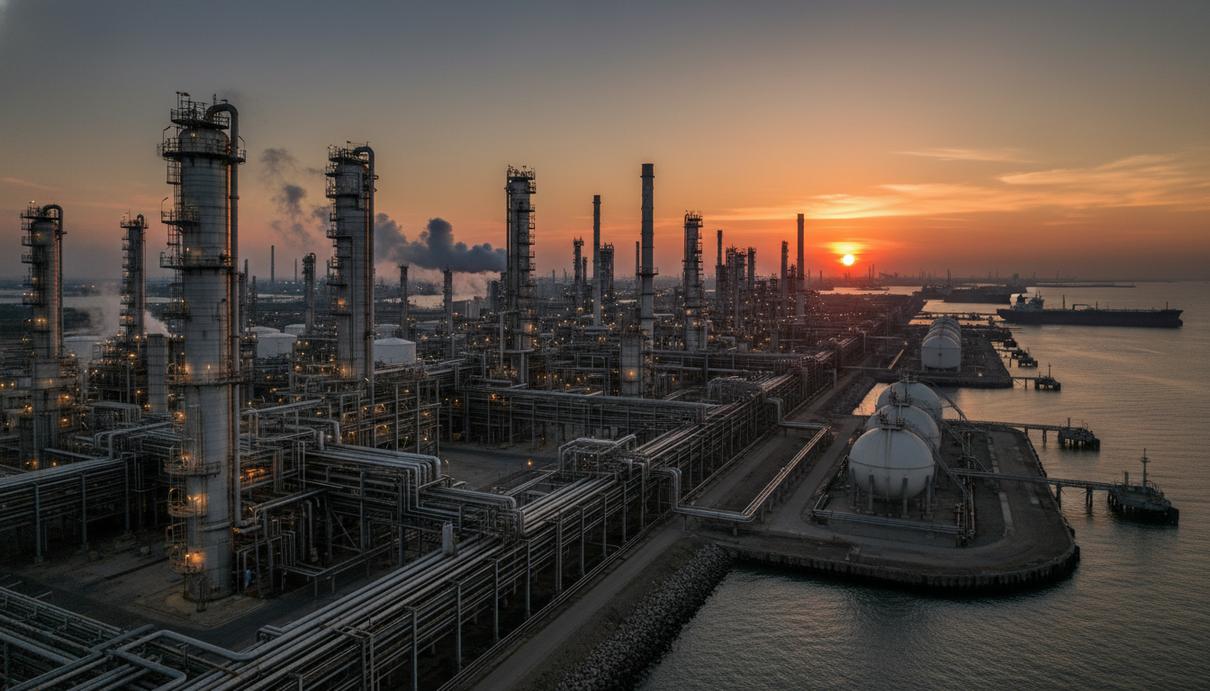 Промышленные установки нефтеперерабатывающего завода и морской терминал на закате