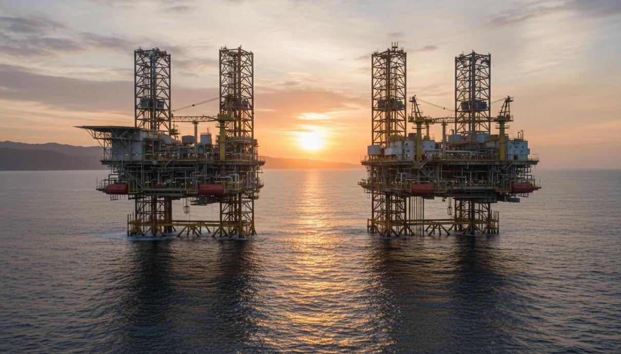 Промышленные нефтяные платформы в открытом море у побережья Калифорнии в лучах утреннего солнца