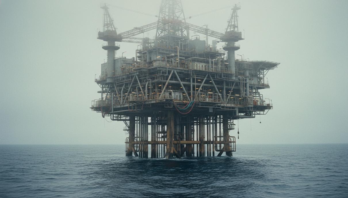 Нефтяная платформа в Северном море на фоне пасмурного неба и холодной воды.