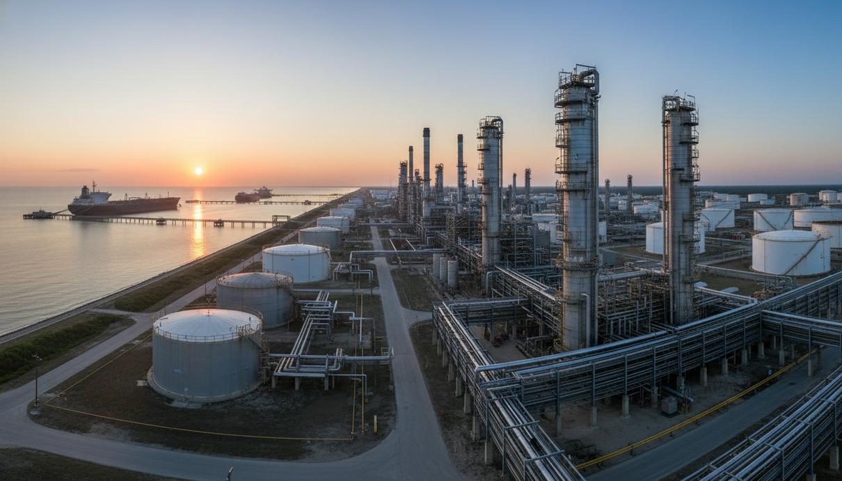 Индустриальный пейзаж нефтеперерабатывающего завода с высокими колоннами и сетью трубопроводов