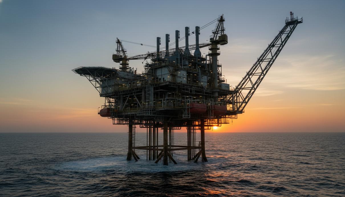 Нефтяная платформа в открытом море в лучах утреннего солнца