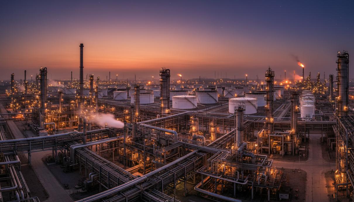 Панорама нефтеперерабатывающего завода с трубопроводами и промышленными установками в сумерках