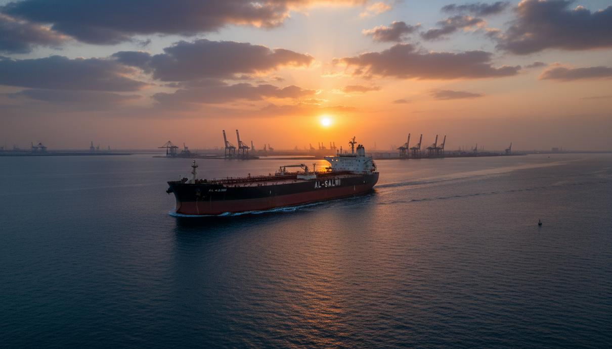 Нефтяной танкер в открытом море на фоне туманного берега с промышленными объектами и закатного неба