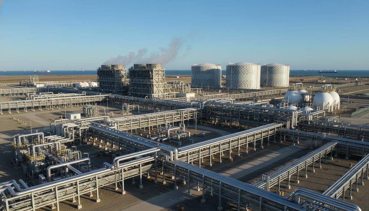 Вид на технологические установки и трубопроводы завода по производству сжиженного газа в Техасе.