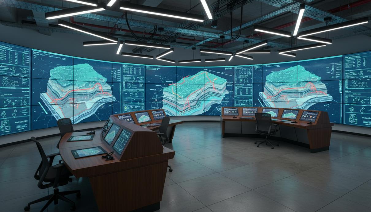Современный центр управления нефтедобычей с мониторами, на которых отображены графики и 3D-модели.