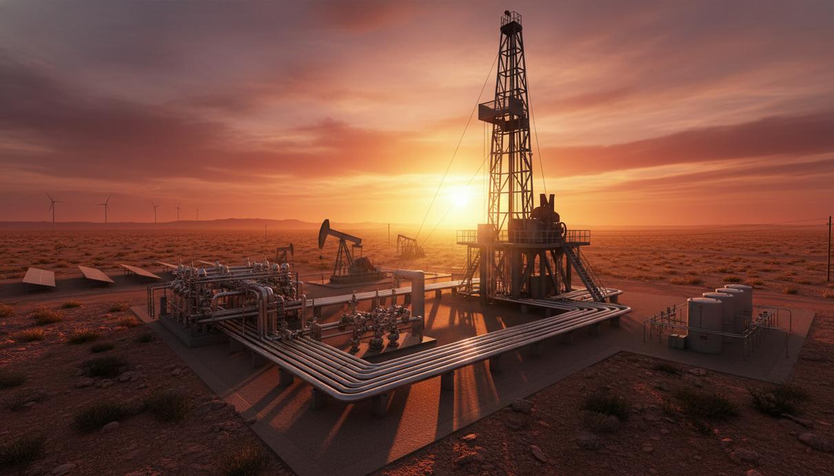 Современная буровая установка и нефтесервисное оборудование в пустыне Аризоны на фоне заката