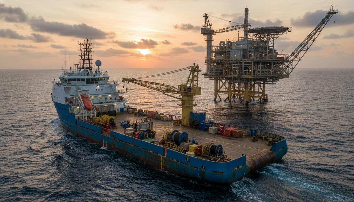 Офшорное судно обеспечения в открытом море на фоне нефтяной платформы под облачным небом