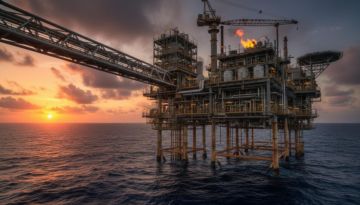 Промышленная газовая платформа со сложными стальными конструкциями на фоне океана в лучах заката