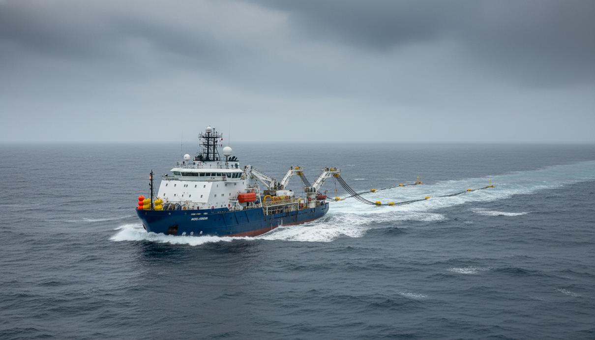 Офшорное исследовательское судно с оборудованием для разведки недр в открытом море под пасмурным небом