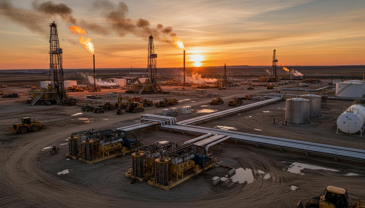 Оборудование для обслуживания нефтяных скважин и металлические резервуары на месторождении на фоне заката