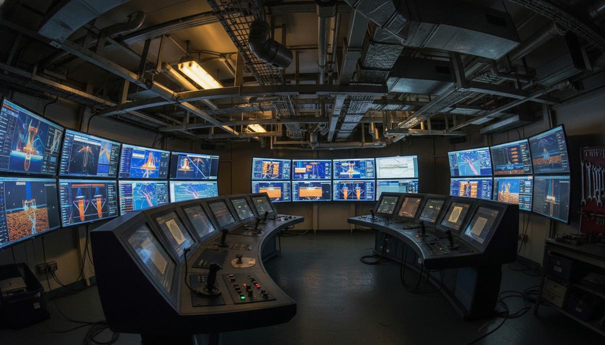 Интерьер комнаты управления с мониторами, показывающими графики бурения и данные телеметрии.