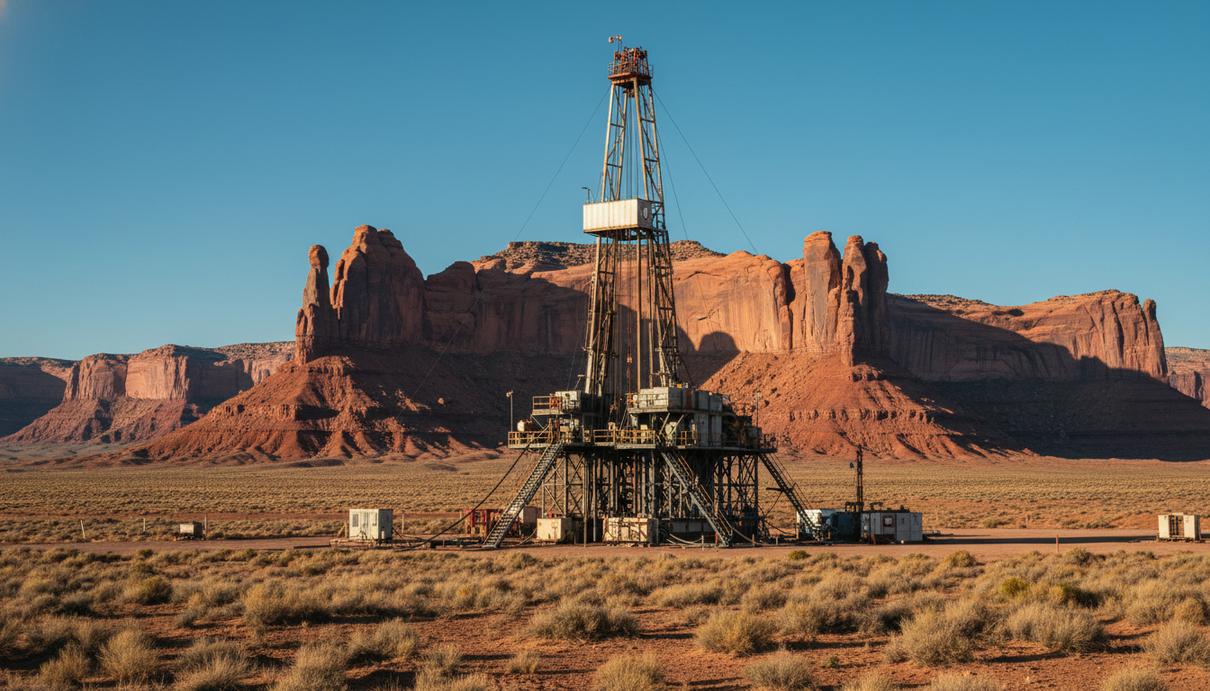 Нефтедобывающее оборудование на фоне пустынного пейзажа и скальных образований в штате Юта.