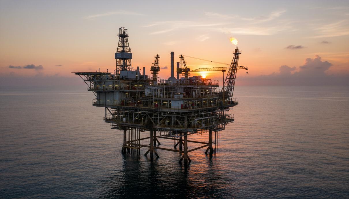 Морская нефтяная платформа в лучах заката с видом на буровое оборудование и стальные конструкции