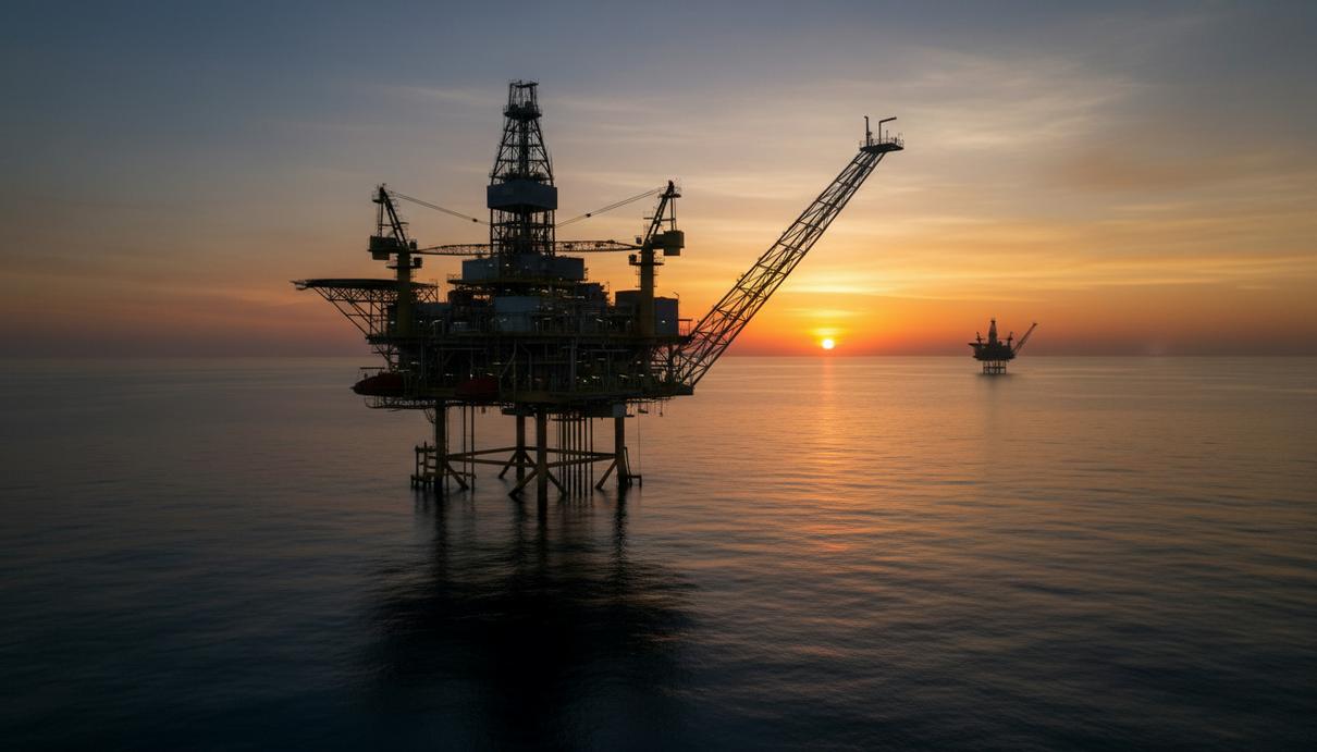 Морская газодобывающая платформа в открытом море на закате на фоне темнеющего неба.