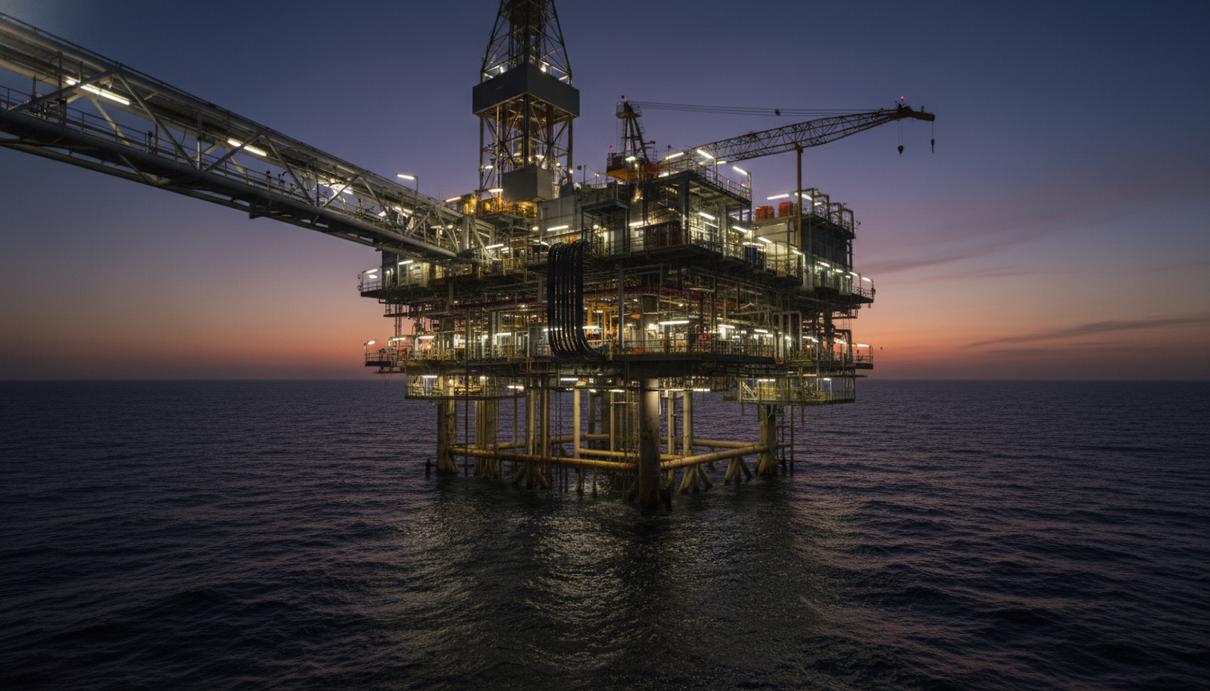 Морская газовая платформа с металлическими вышками и оборудованием на фоне заката
