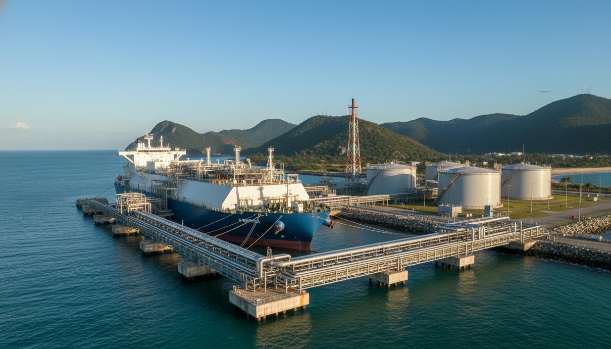 Морской терминал по приему сжиженного газа с пришвартованным судном и сетью промышленных труб на берегу.