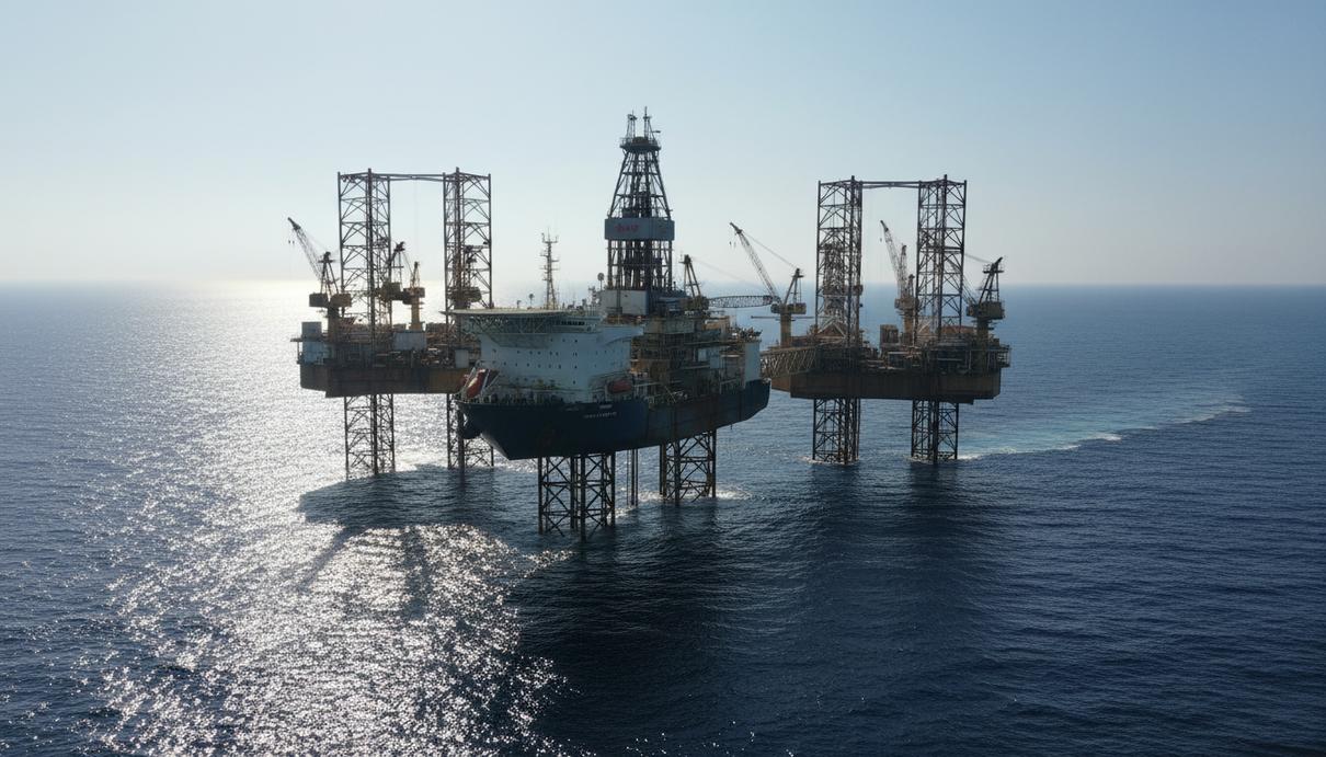 Промышленное буровое судно и полупогружные платформы в открытом океане у берегов Бразилии.