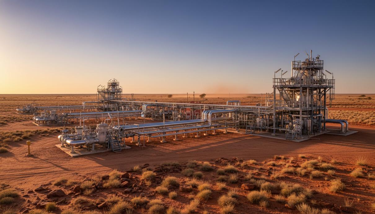 Газодобывающее оборудование и трубопроводы на фоне пустынного ландшафта Австралии в сумерках