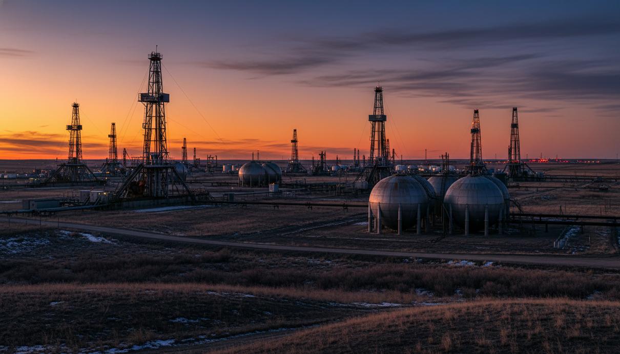 Нефтяные буровые вышки и стальные резервуары в прерии на фоне закатного неба.