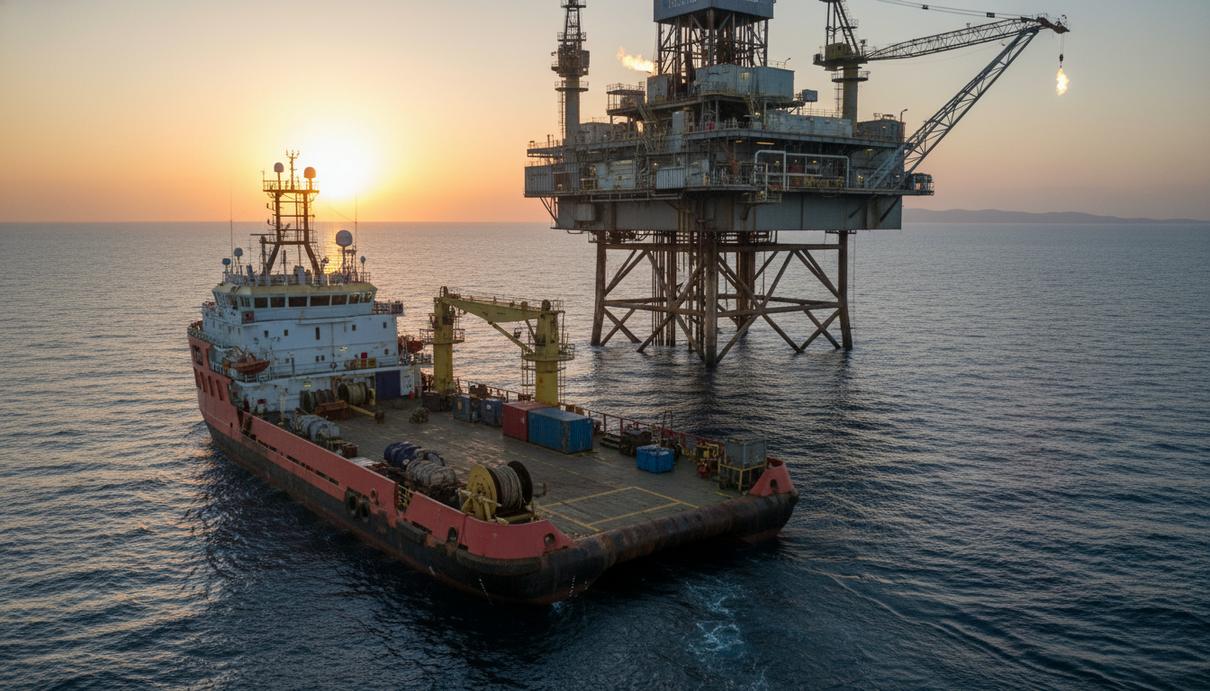 Судно обеспечения морских платформ в открытом море на фоне нефтяной вышки в лучах заката