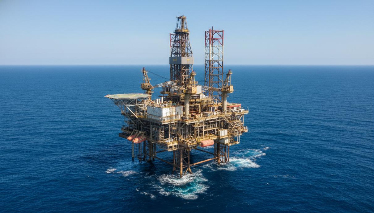 Огромная морская нефтяная платформа в открытом океане под ясным небом в солнечный день