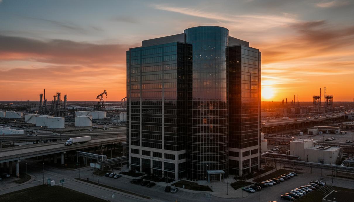 Современное офисное здание в Хьюстоне с остекленным фасадом на фоне закатного неба.