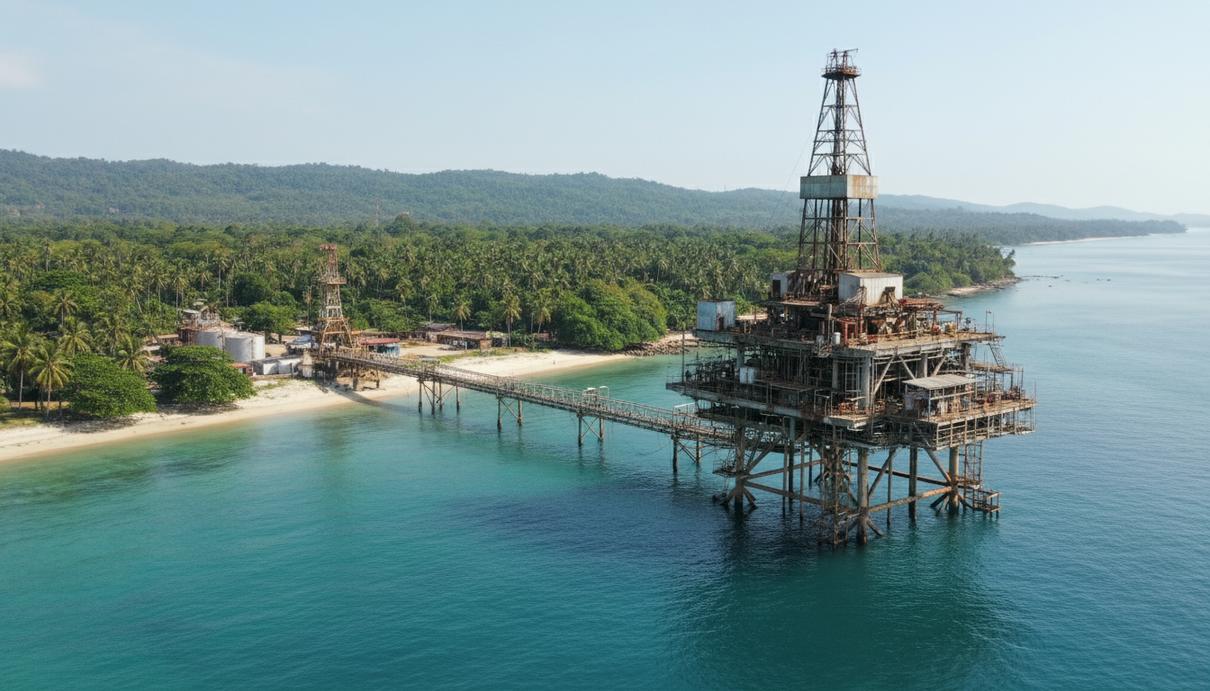 Буровая нефтяная вышка на побережье индонезийского острова Серам среди тропических лесов