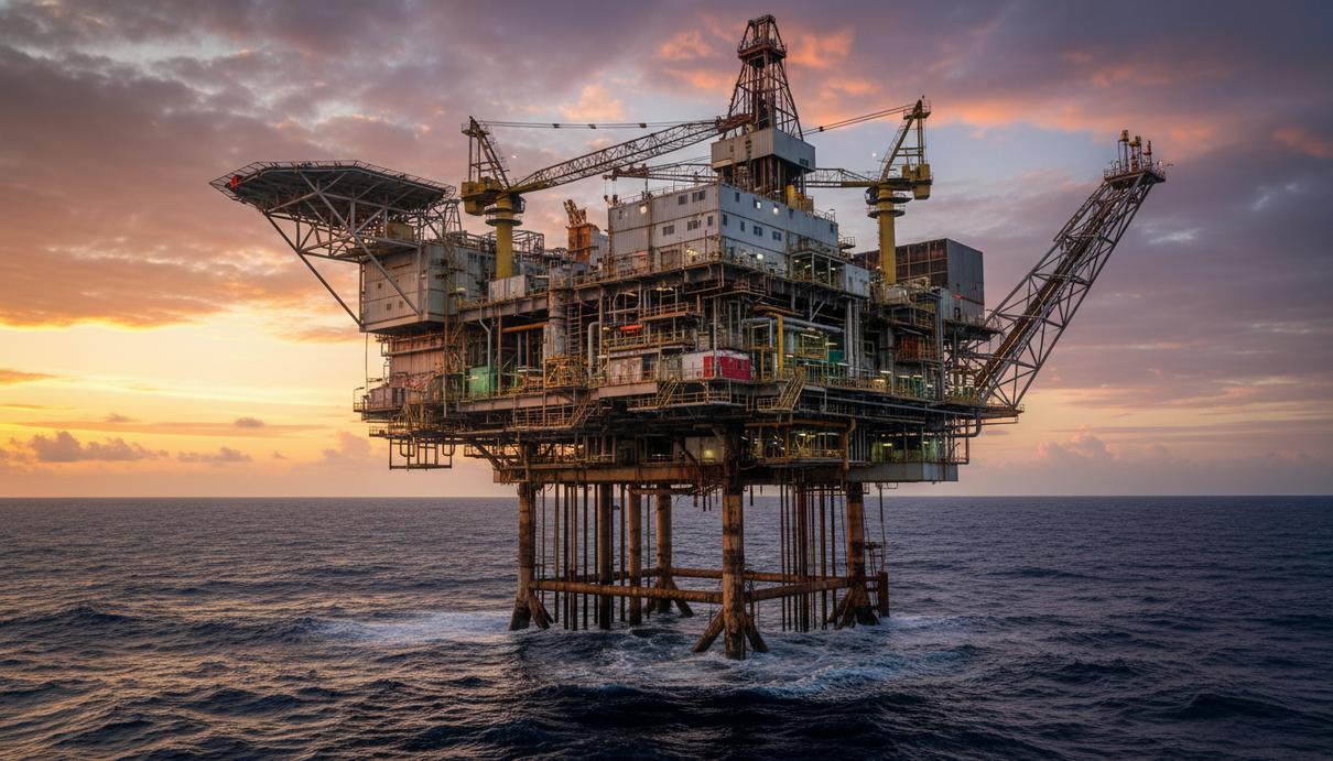 Современная буровая платформа на шельфе Суринама в Атлантическом океане на закате